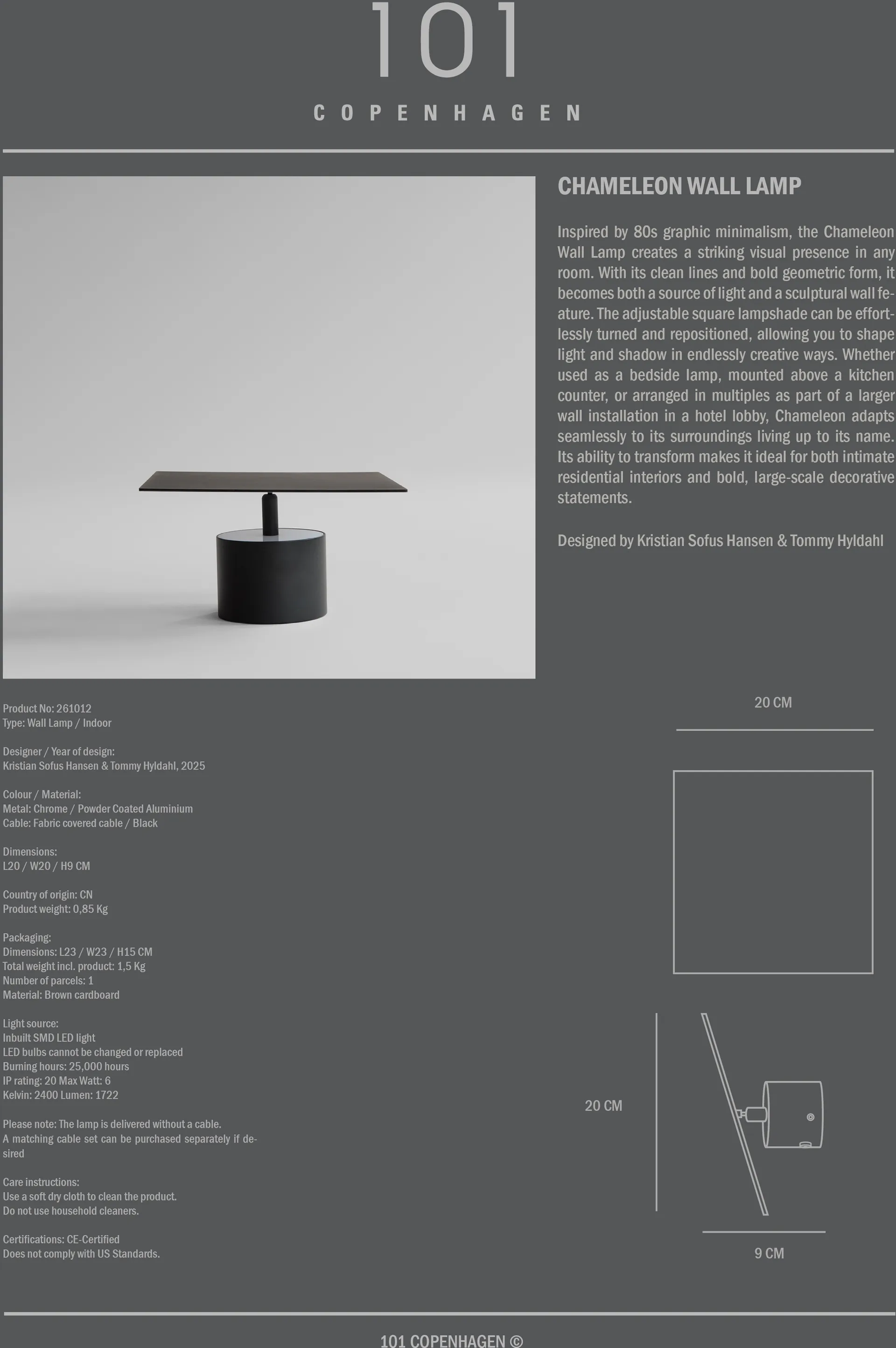 Chameleon seinälamppu, Poltettu musta 101 Copenhagen