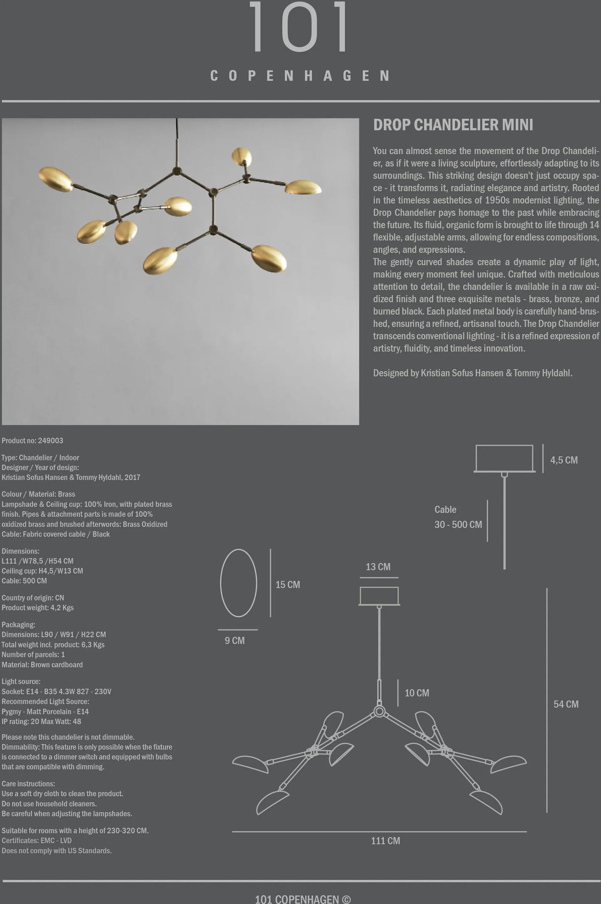 Drop Chandelier -kattokruunu mini, Messinki 101 Copenhagen