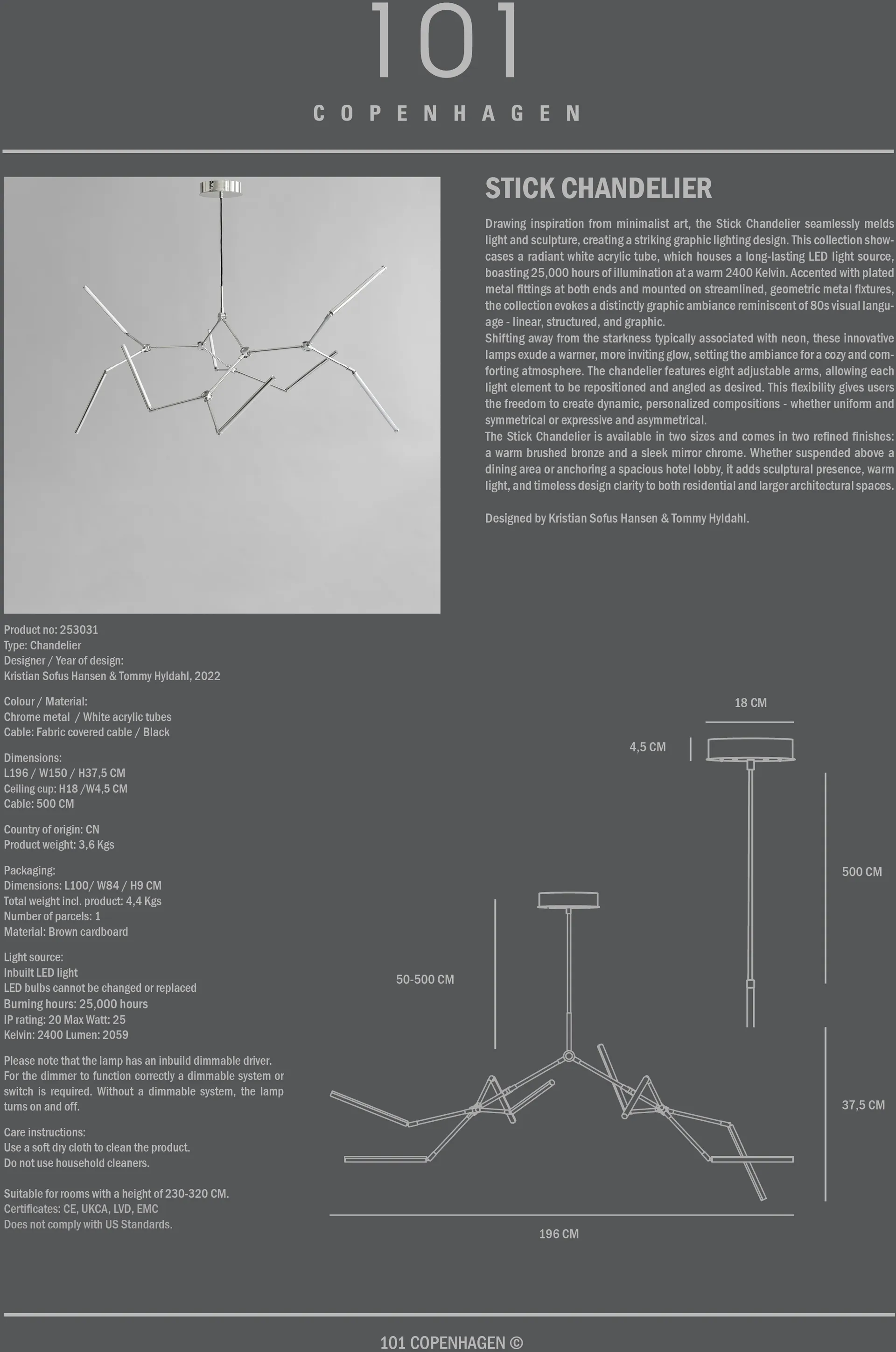 Stick chandelier -kattokruunu, Kromi 101 Copenhagen