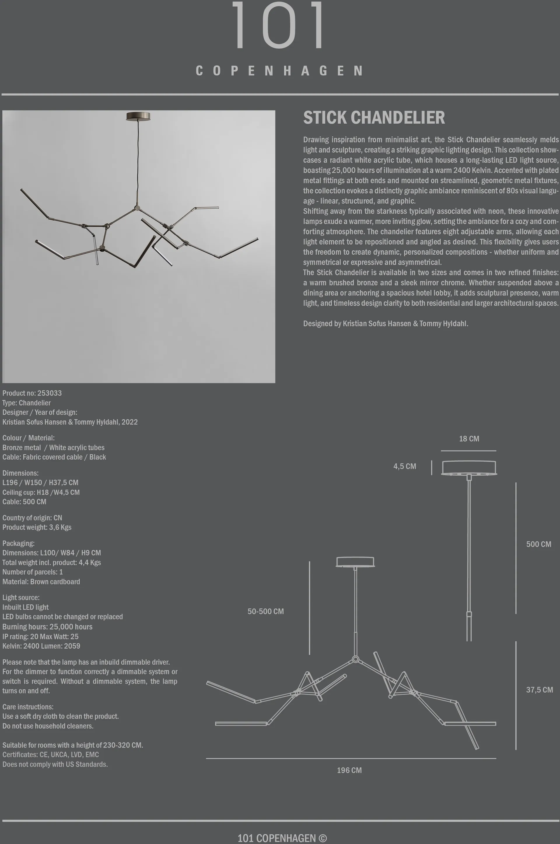 Stick chandelier -kattokruunu, Pronssi 101 Copenhagen
