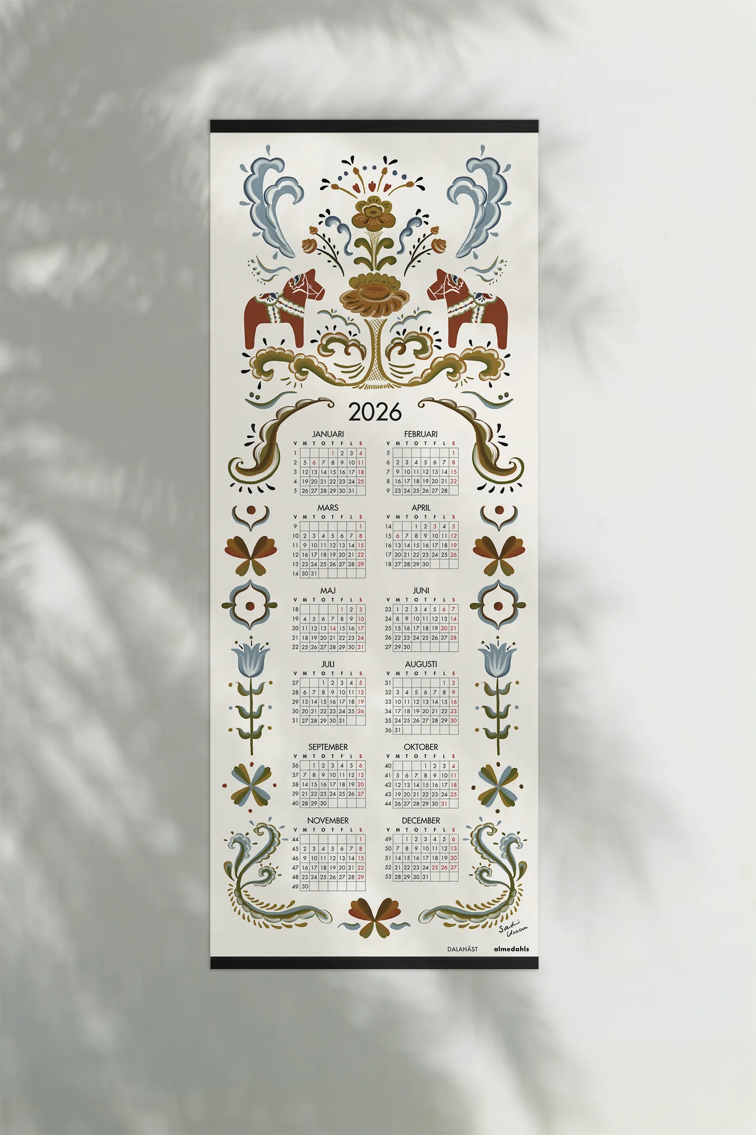 Dalahästar-kalenteri 2026, 35 x 90 cm Almedahls
