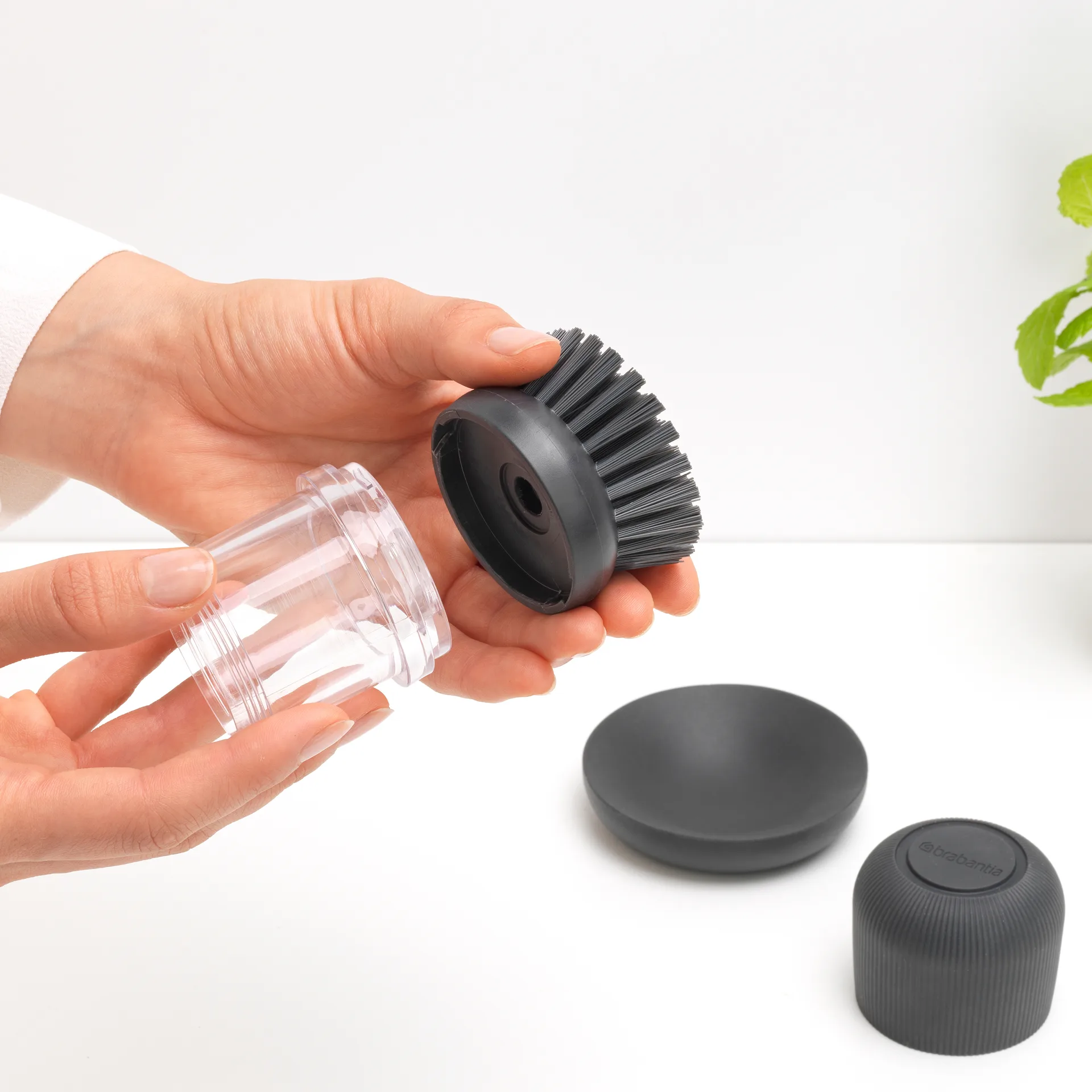 Brabantia astianpesuainesäiliö tiskiharjalla, Tummanharmaa Brabantia