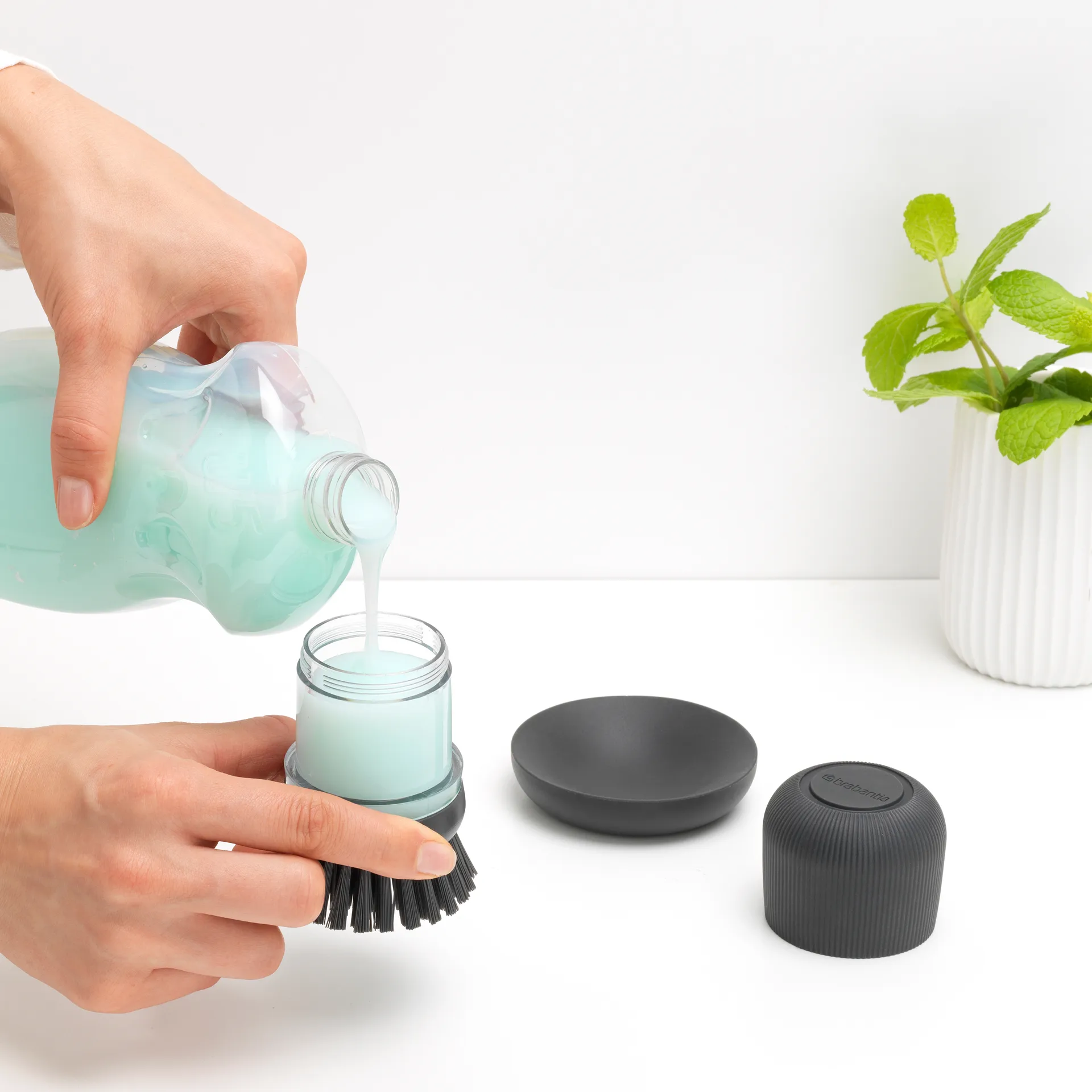 Brabantia astianpesuainesäiliö tiskiharjalla, Tummanharmaa Brabantia