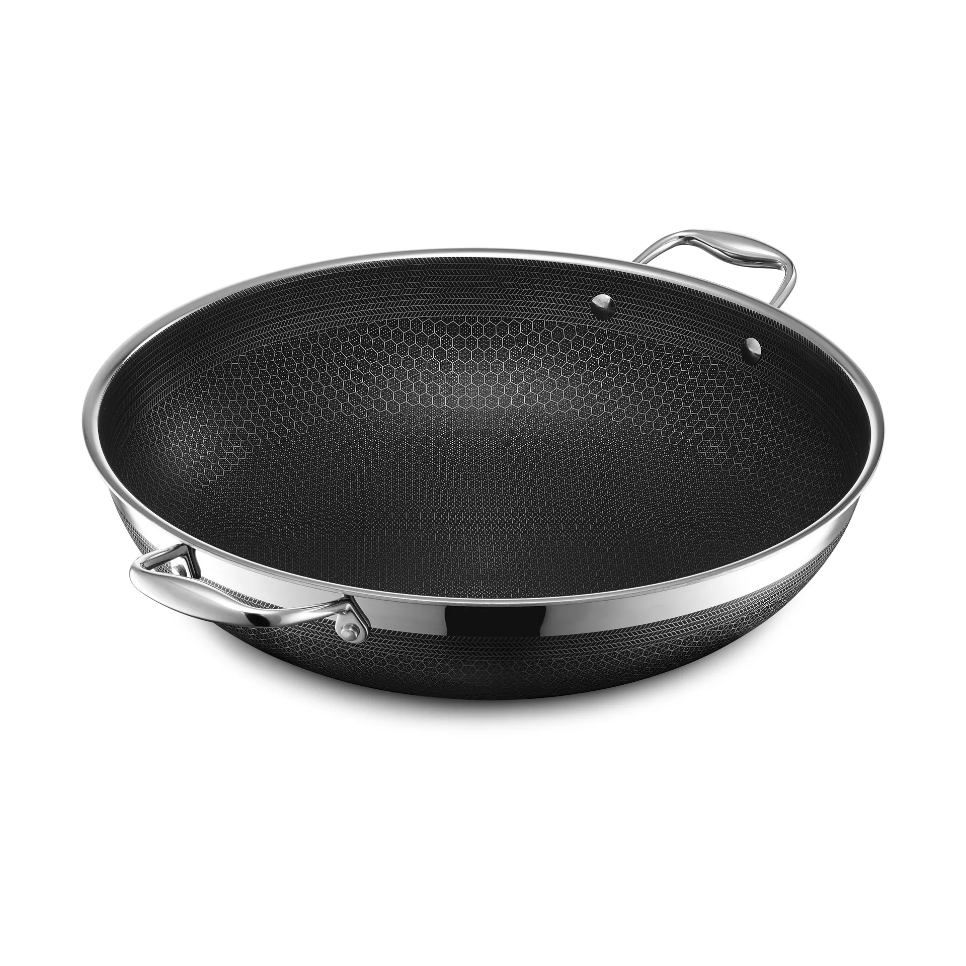 Hexclad wok-pannu kannella hybridi Ø36 cm, Ruostumatonta terästä-musta Hexclad