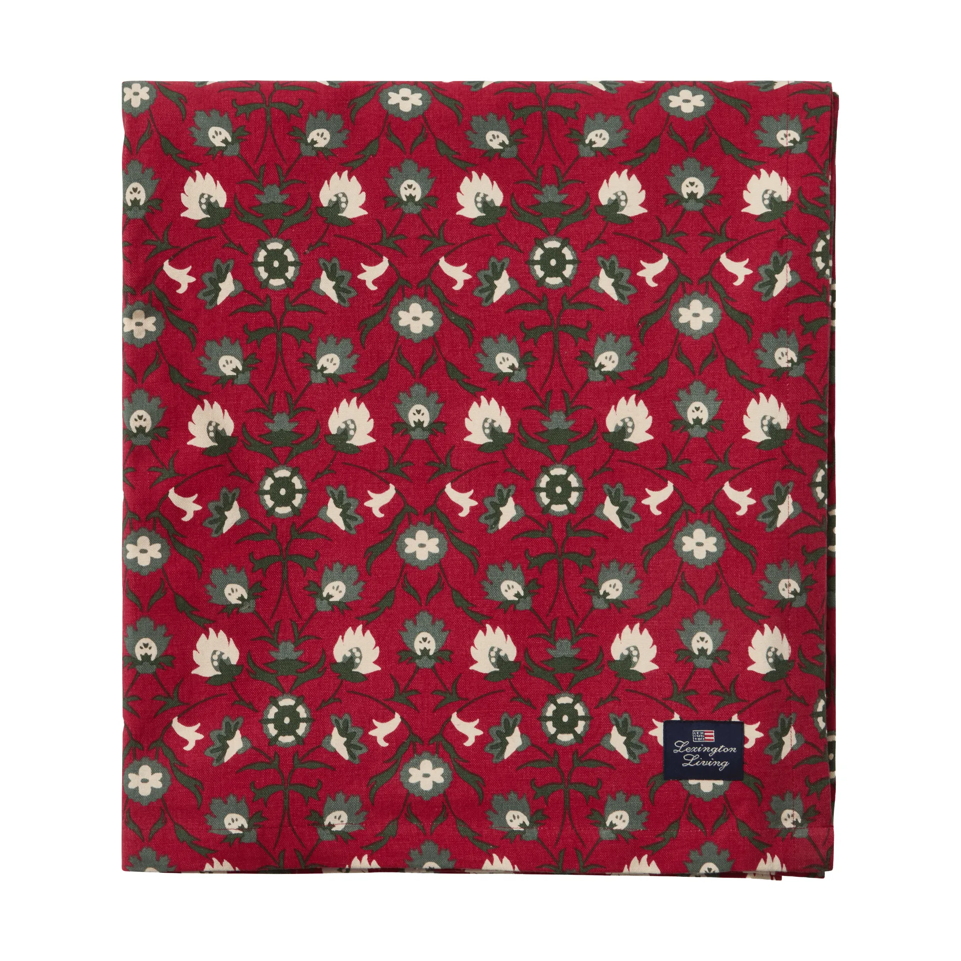 Kukkakuosinen luomupuuvillapöytäliina, Punainen–beige–vihreä, 150x350 cm Lexington