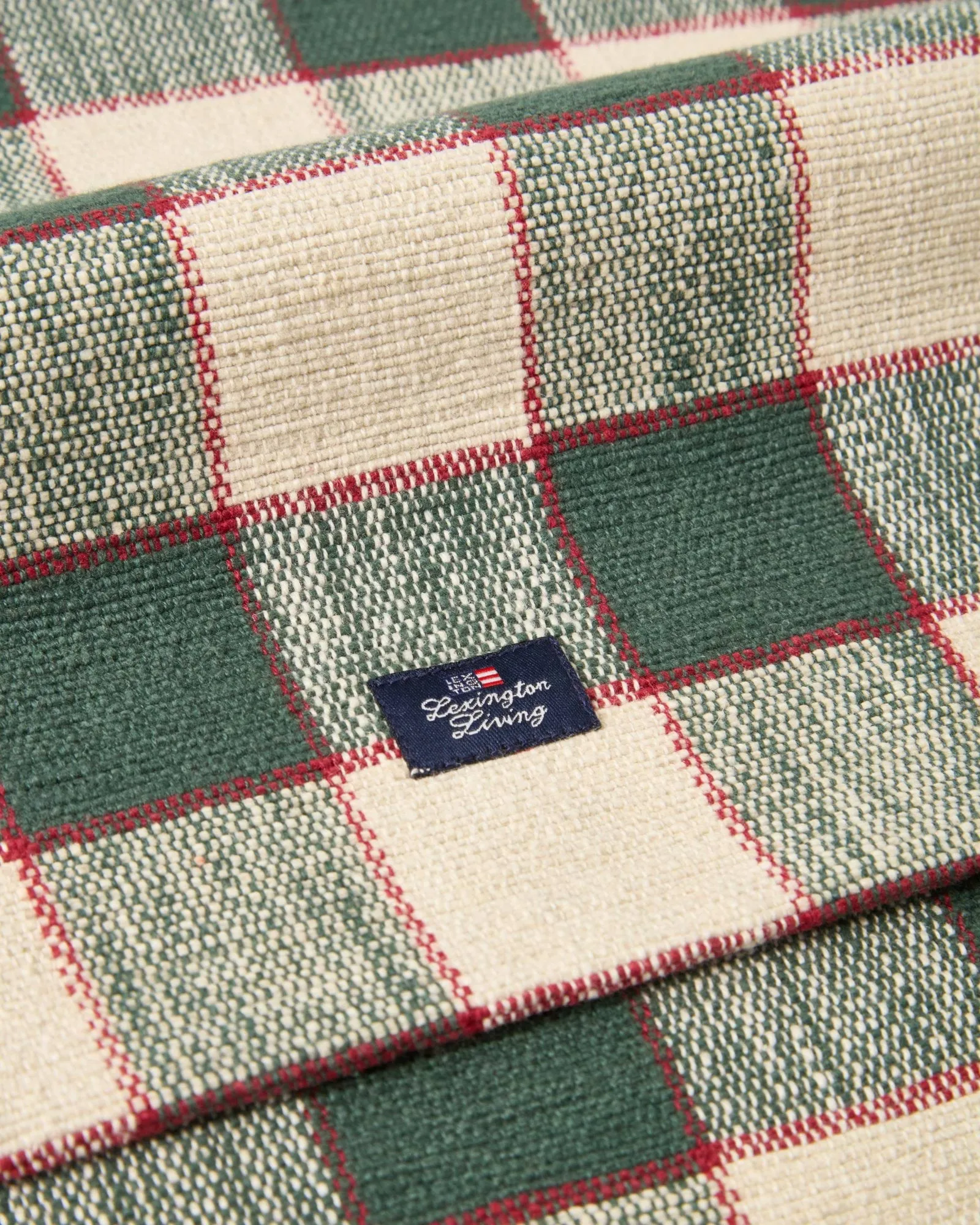 Ruudullinen ekologinen puuvillapöytäliina, Green–vaalea beige–punainen, 50x150 cm Lexington