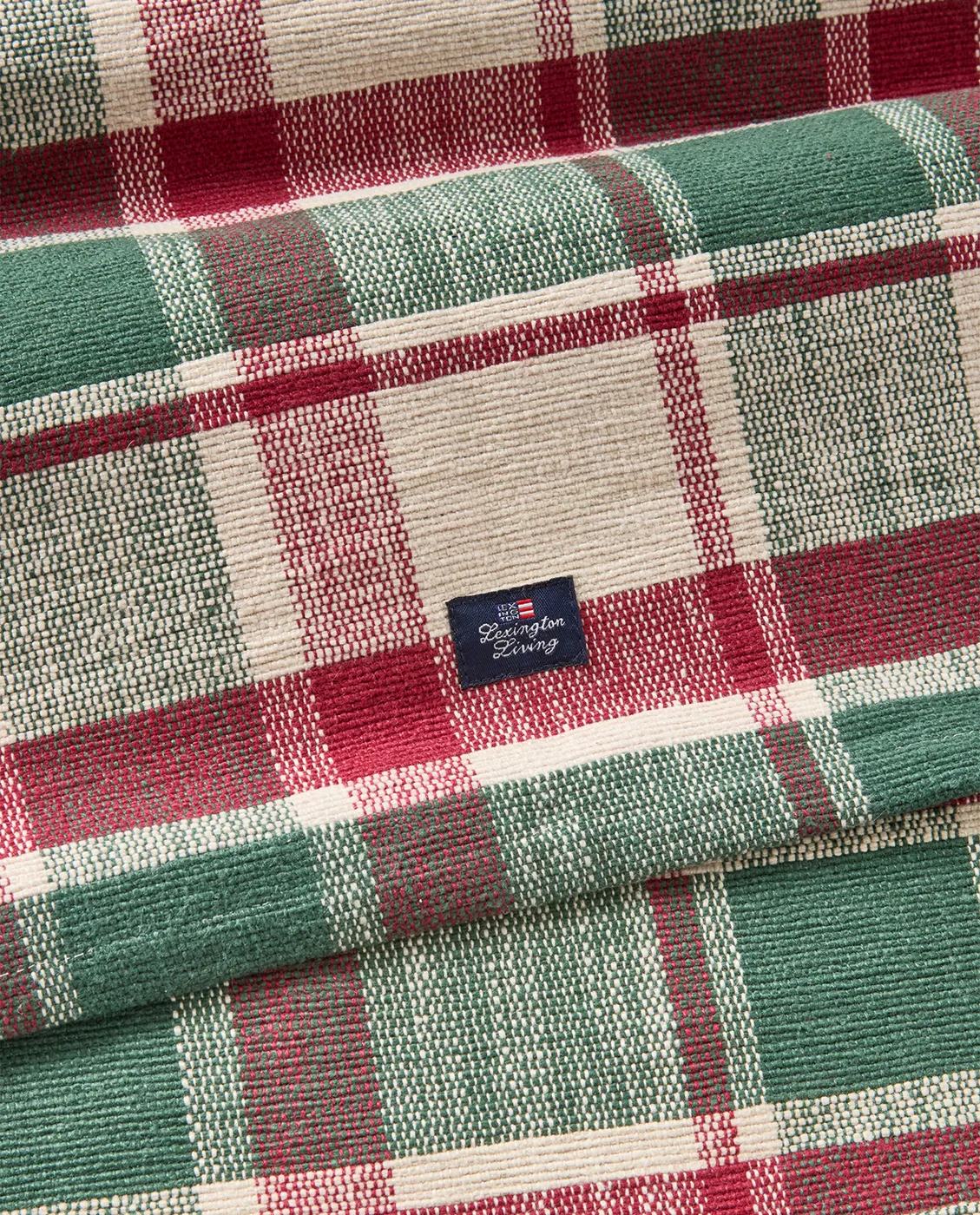Ruudullinen ekologinen puuvillapöytäliina, Vihreä-punainen-beige, 50x150 cm Lexington