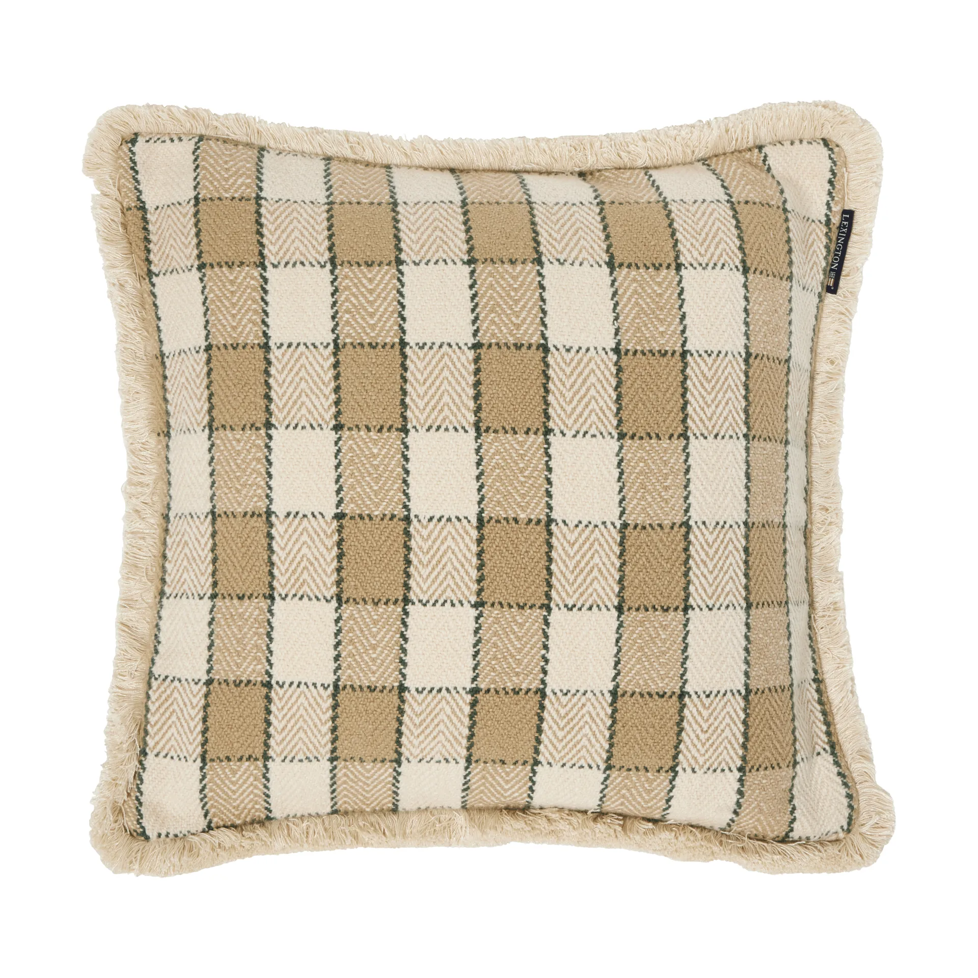 Ruudullinen luomupuuvillainen hapsureunainen tyynynpäällinen, Beige–vaaleabeige–vihreä Lexington