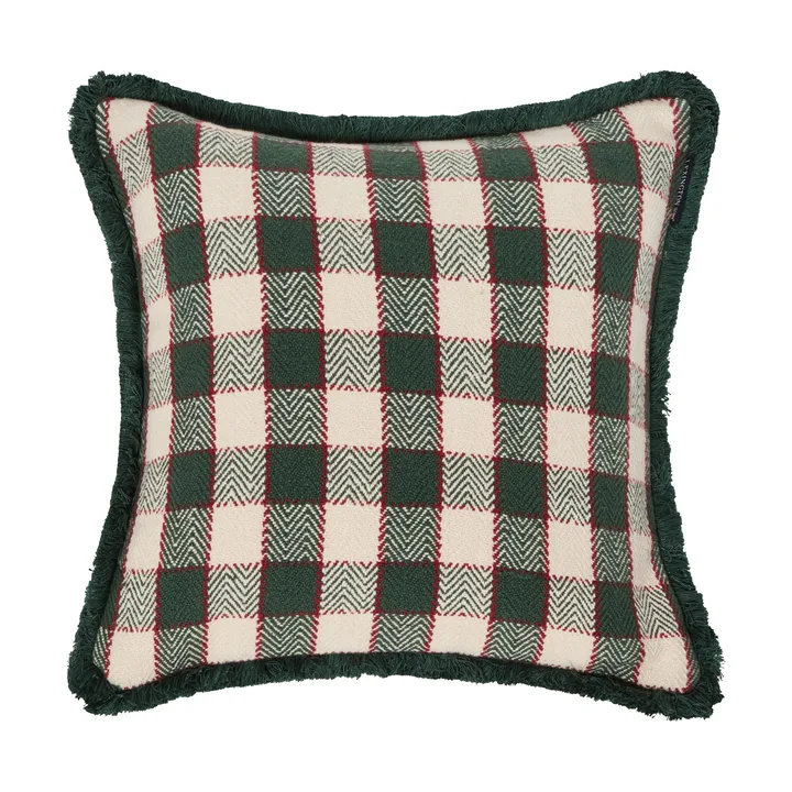 Ruudullinen luomupuuvillainen hapsureunainen tyynynpäällinen - Green–vaalea beige–punainen - Lexington