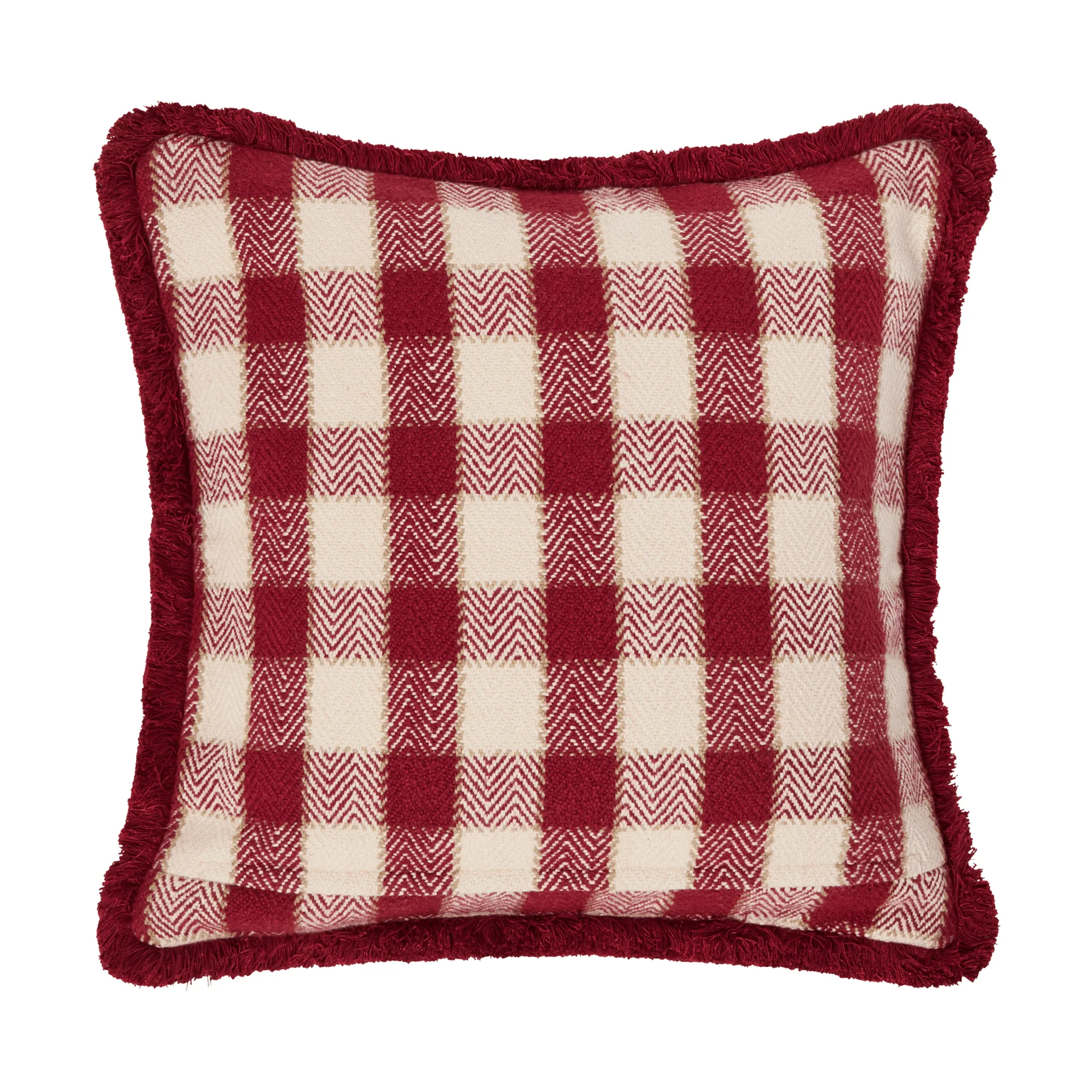 Ruudullinen luomupuuvillainen hapsureunainen tyynynpäällinen, Red-light beige–beige Lexington