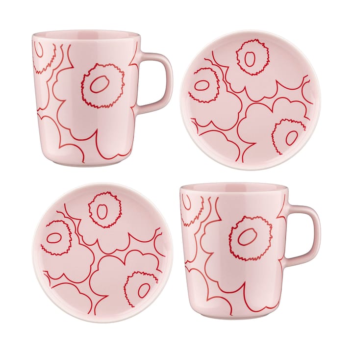 Piirto Unikko Oiva kuppi 25 cl ja lautanen Ø13,5 cm 4 kpl., Vaaleanpunainen Marimekko