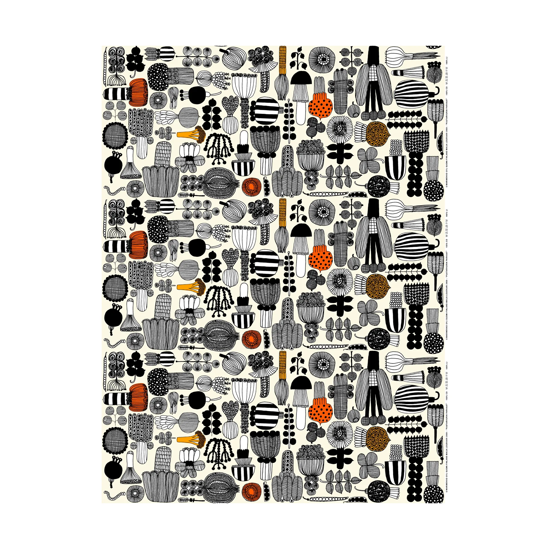 Puutarhurin parhaat vahakangas, White-black-orange Marimekko