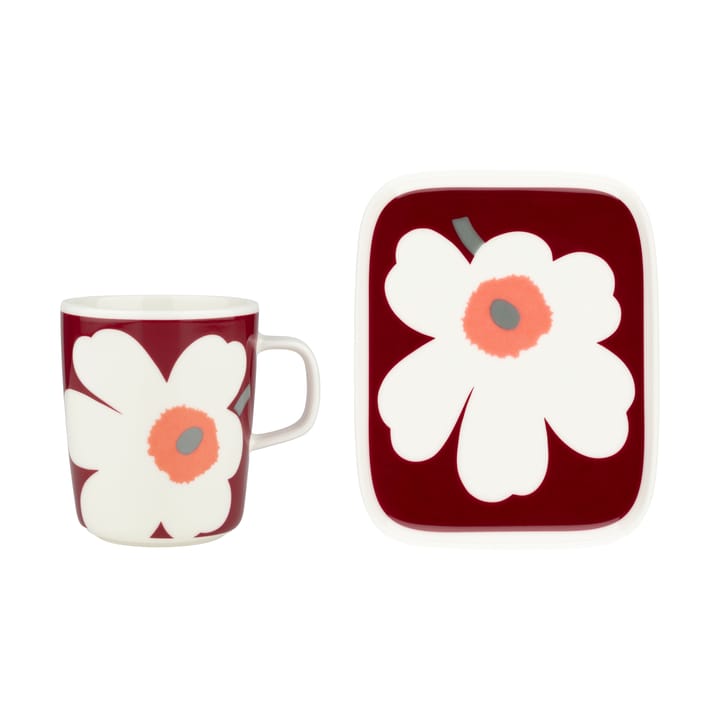Unikko 60-vuotisjuhlamuki 25 cl + lautanen 12x15 cm - White-dark cherry-ash grey - Marimekko