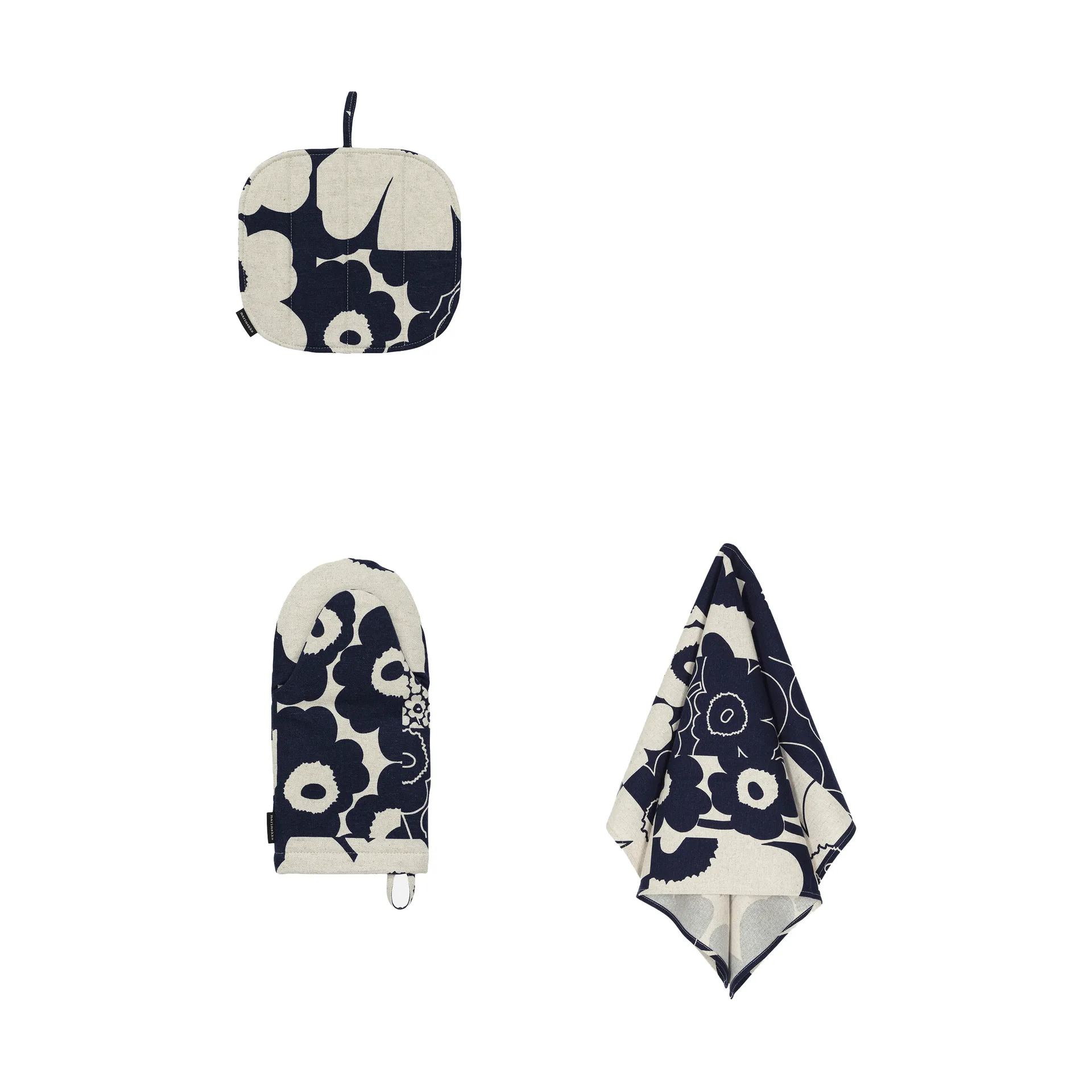 Unikko kollaasi keittiötekstiilit 3 osaa, Linen-dark blue Marimekko