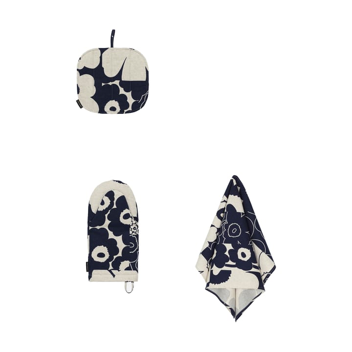 Unikko kollaasi keittiötekstiilit 3 osaa, Linen-dark blue Marimekko