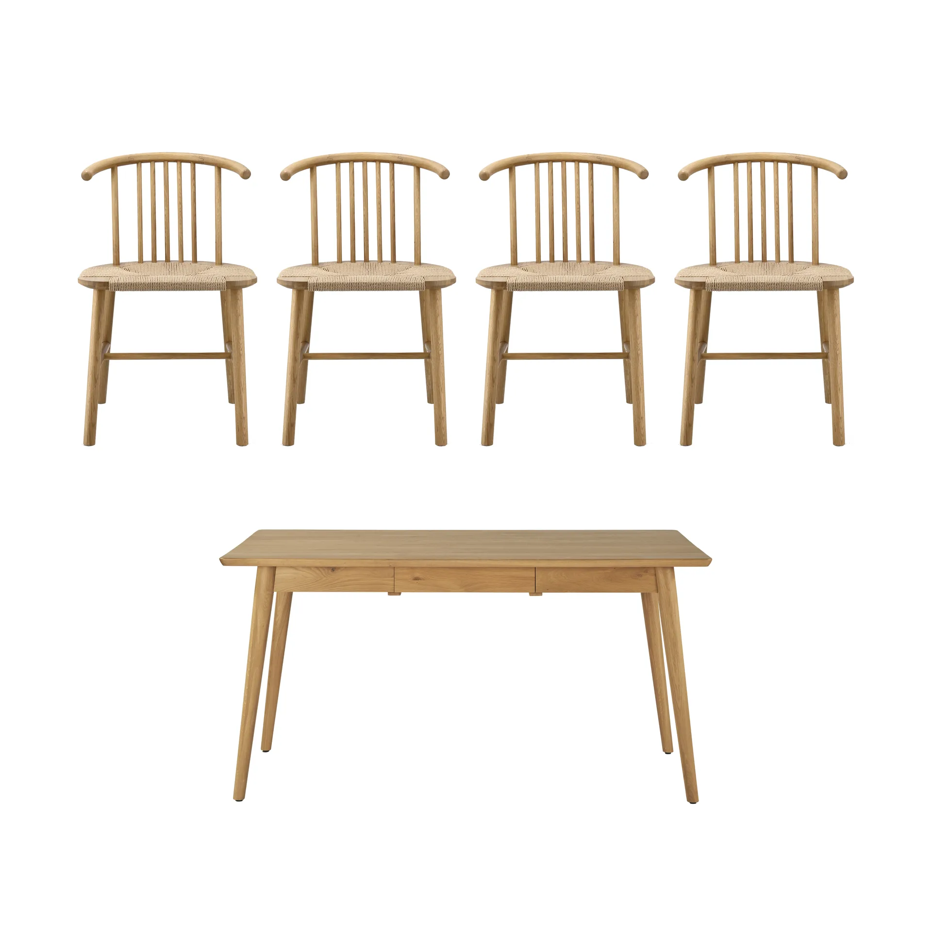 VIOR ruokapöytä 120 cm + tuoli 4‑pakkaus – Lakattu tammi‑naturel,  NJRD
