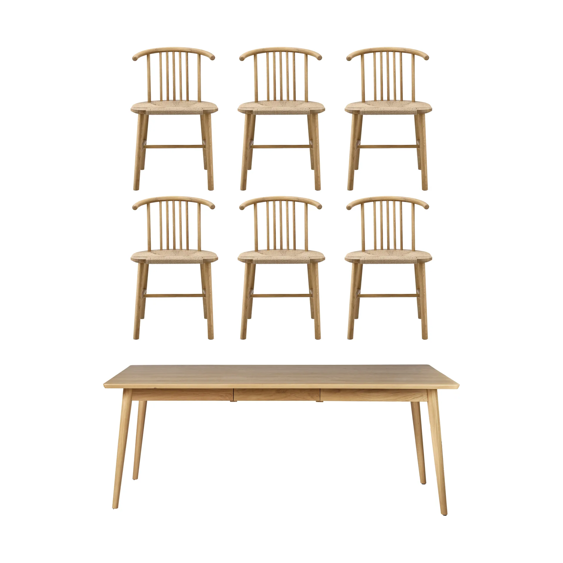 VIOR ruokapöytä 200 cm + tuoli 6‑pakkaus – Lakattu tammi‑naturel NJRD