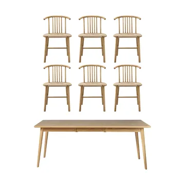 VIOR ruokapöytä 200 cm + tuoli 6‑pakkaus – Lakattu tammi‑naturel - NJRD