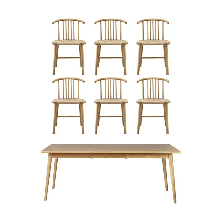 VIOR ruokapöytä 200 cm + tuoli 6‑pakkaus – Lakattu tammi‑naturel - NJRD