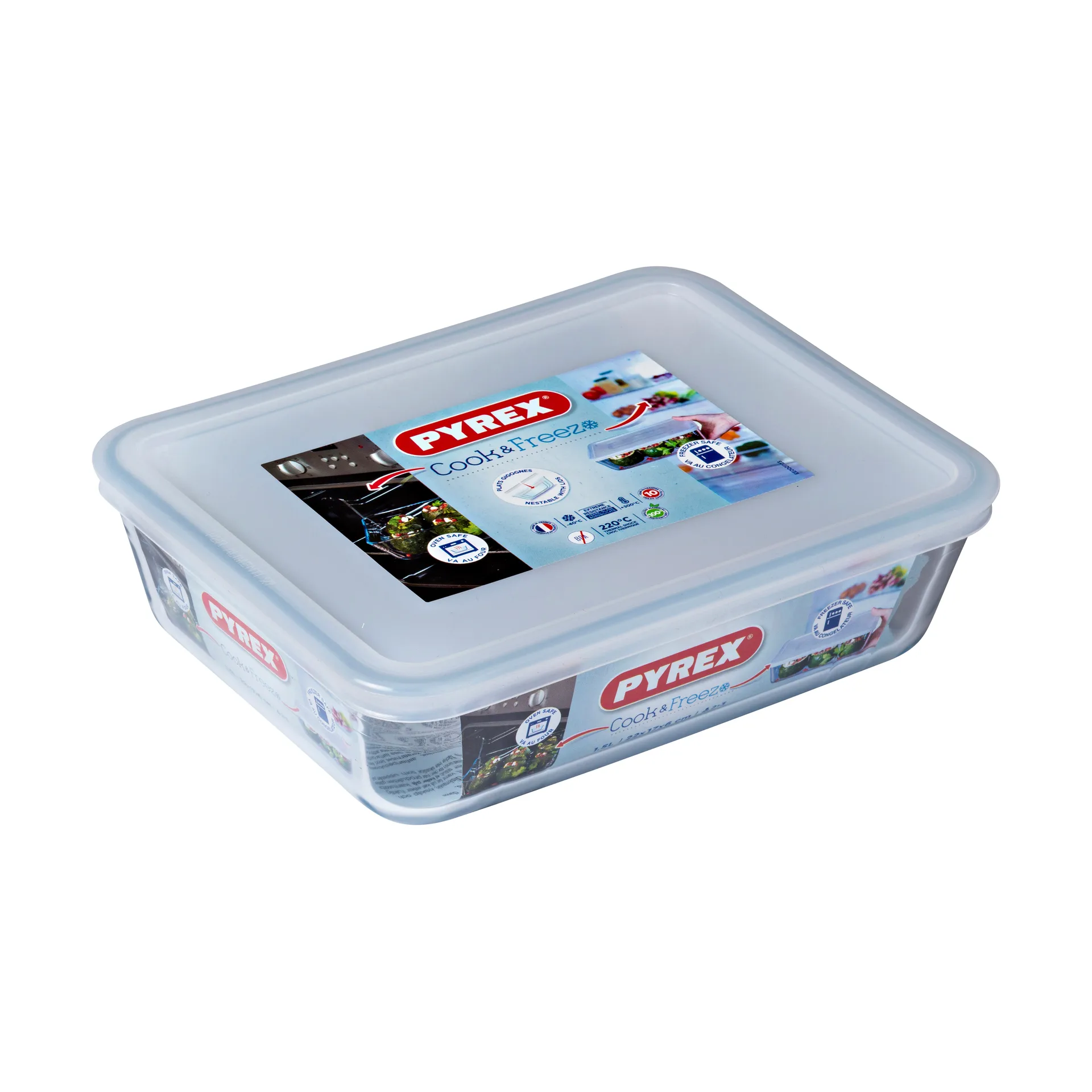 Cook & Freez suorakulmainen lautanen kannella, 22x17 cm Pyrex