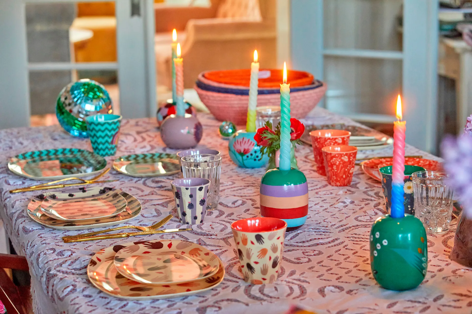 Rice kynttilänjalka Ø 8,5 cm, Green-handpainted flowers RICE