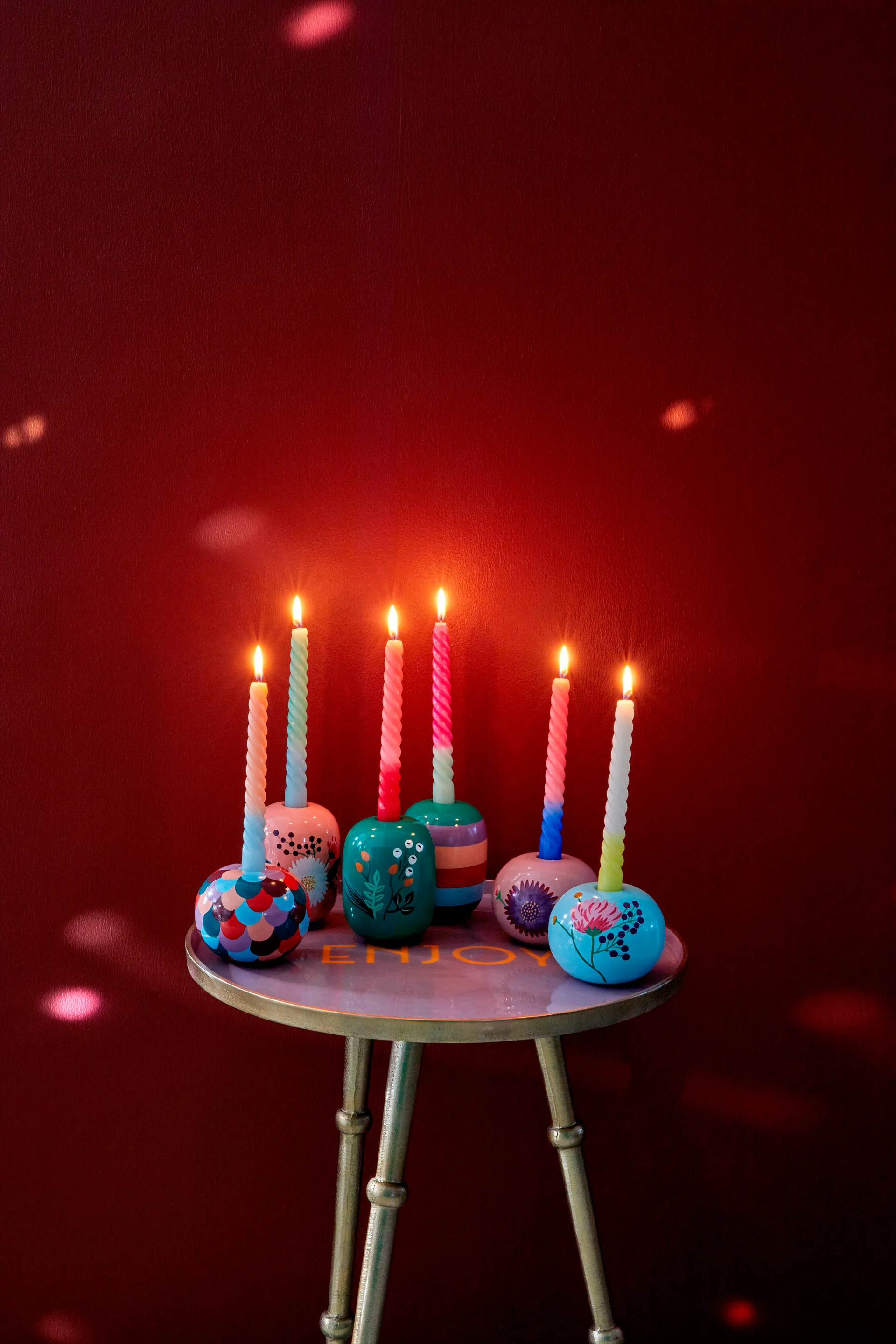 Rice kynttilänjalka Ø 8,5 cm, Green-handpainted flowers RICE