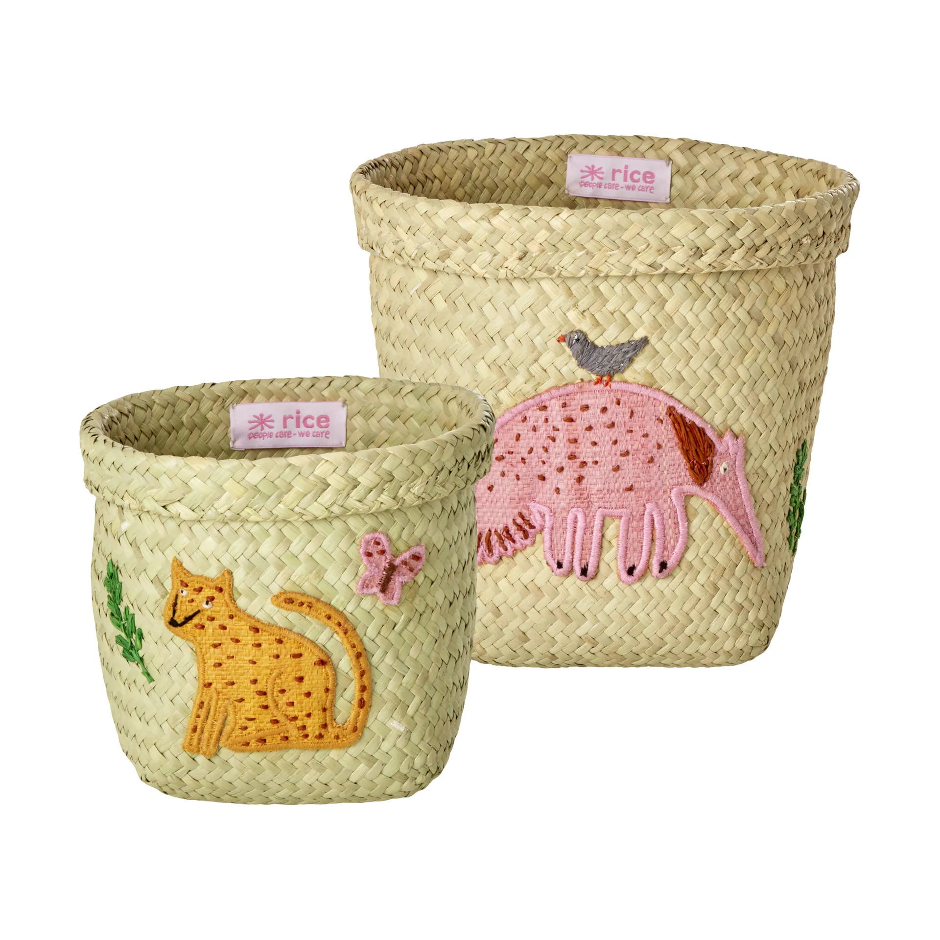 Rice raffia säilytyskori pyöreä 2 osaa, Animal Embroidery-Pink-orange RICE