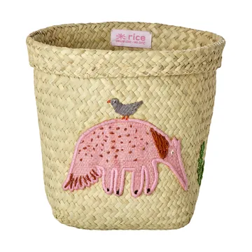 Rice raffia säilytyskori pyöreä 2 osaa - Animal Embroidery-Pink-orange - RICE