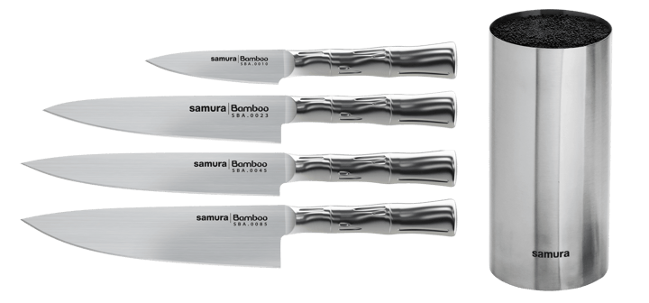 BAMBOO veitsisetti 4 veistä-1 veitsitukki, Ruostumaton teräs Samura