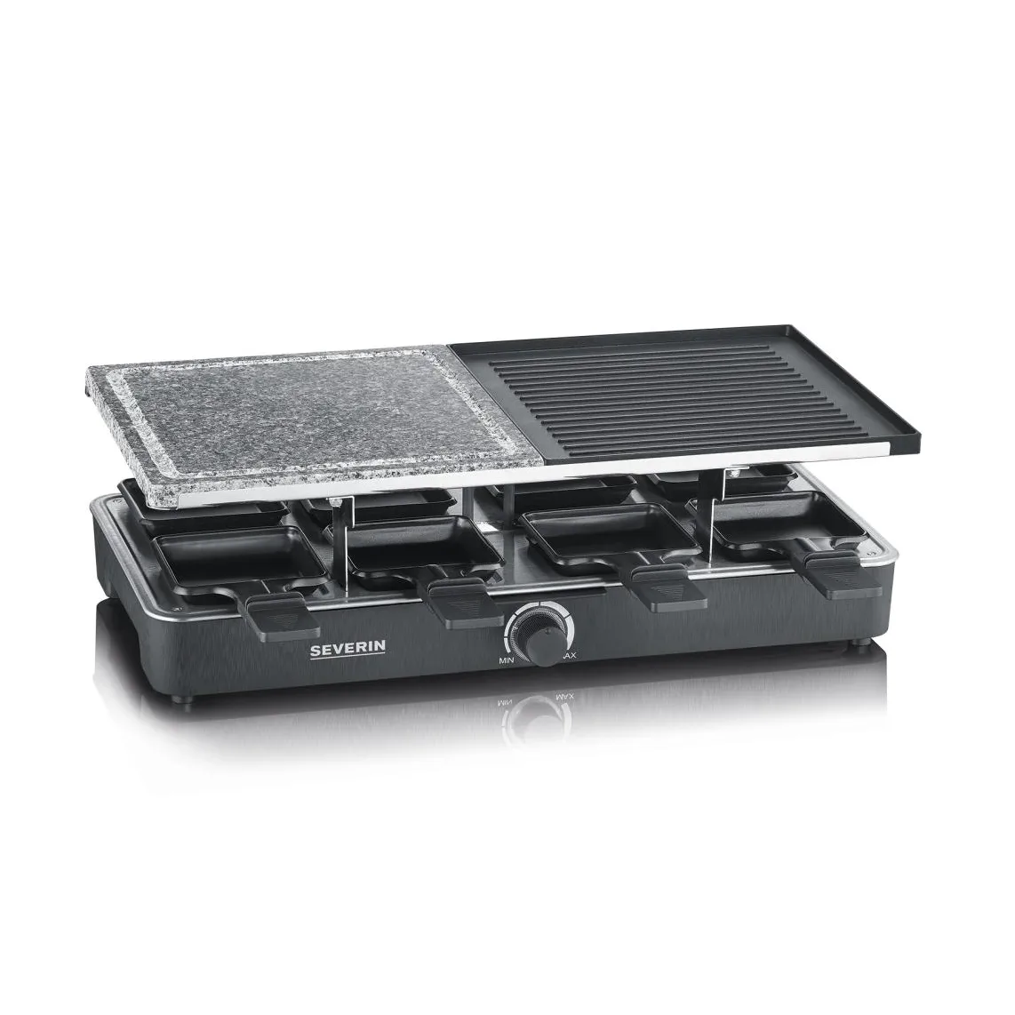 Severin RG 2376 raclette-yhdistelmägrilli/kivi 8 pannulla, Musta Severin