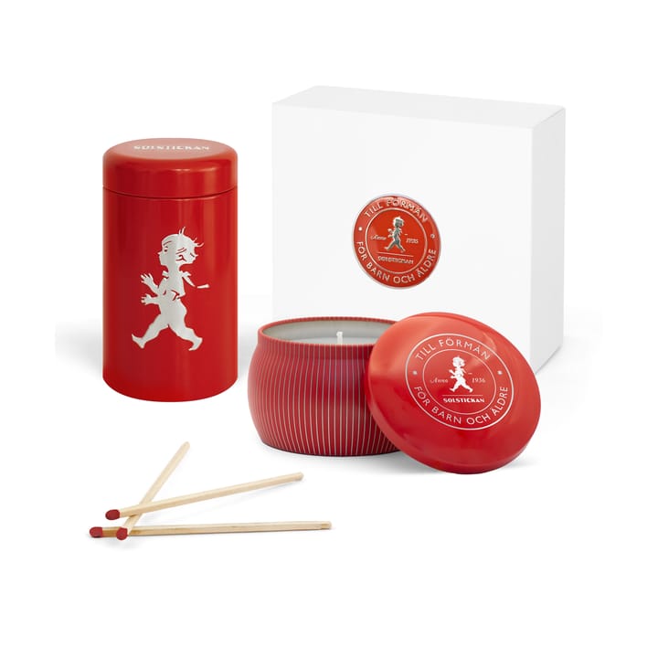 Solstickan lahjapakkaus tuoksukynttilä + tulitikkuaski, Punainen-tuoksukynttilä kaneli & appelsiini Solstickan Design