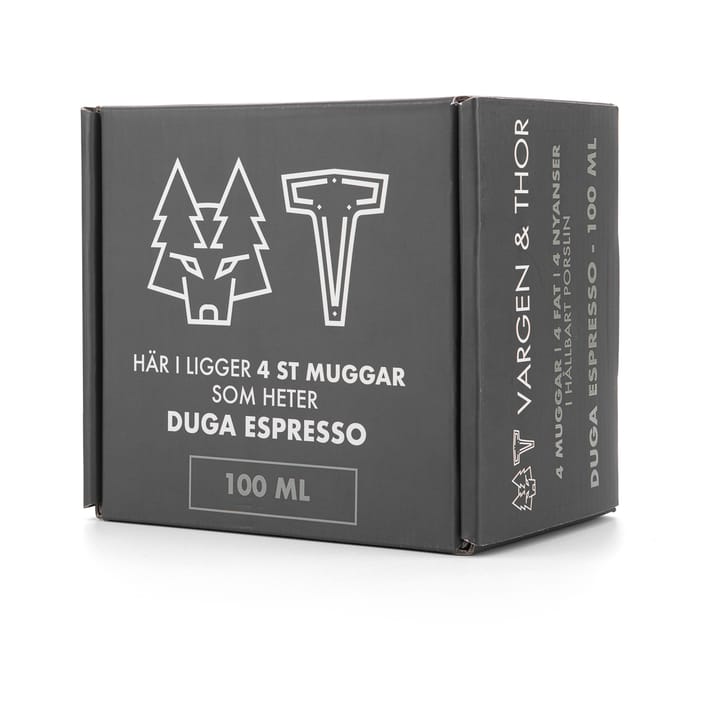 Duga espressokuppi aluslautasella 4-pakkaus, Valkoinen, hiekanharmaa, antrasiitti, musta Vargen & Thor